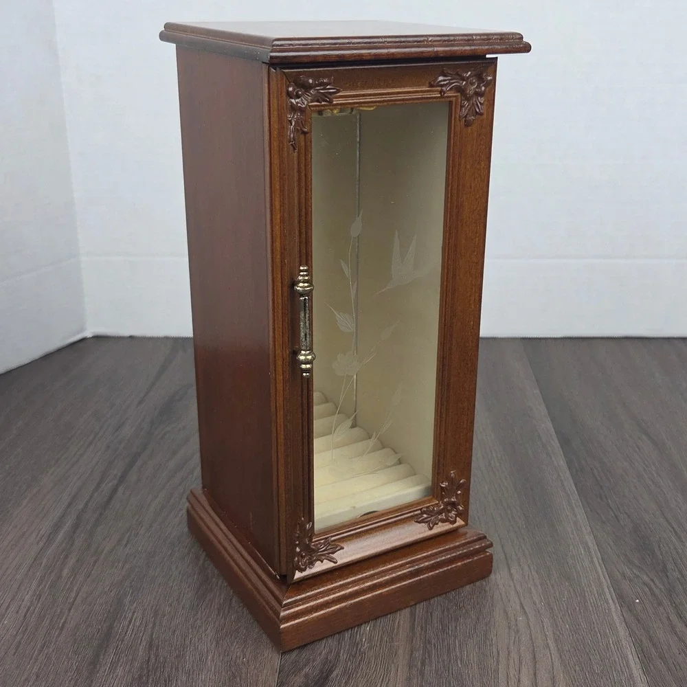 Vintage NOS 80s Wooden Jewelry Box Armoire Brown Etched Glass Cabinet Taiwan